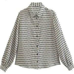 ZARA White & Black Geometric Print Button Down Blouse, Office, sz XS